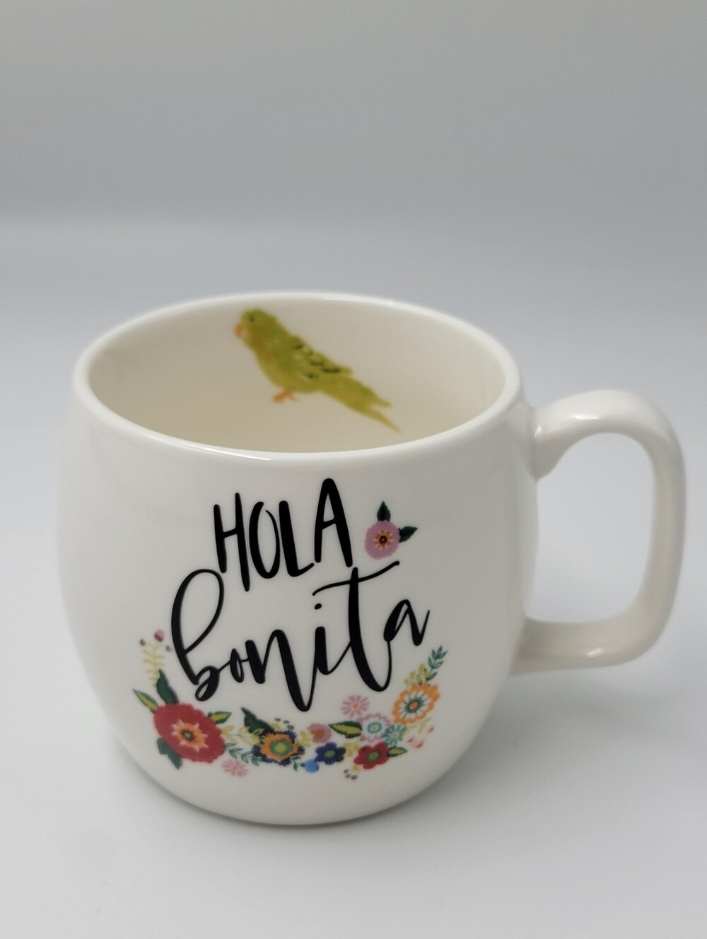HOLA BONITA Coffee Tea Mug Colorful Floral Spanish Parakeet OpalHouse Porcelain
